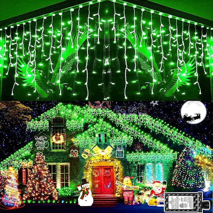 KNONEW 99ft 1216 LED Christmas Lights Outdoor Decorations with 228 Drops, 8 Modes Curtain Fairy Light, Clear Wire LED String Light Decor for Wedding Party Christmas (Green)