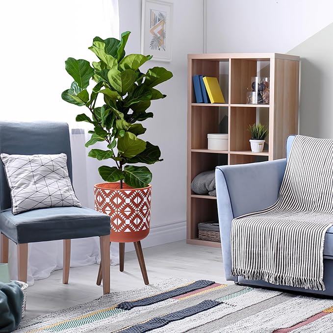 D'vine Dev 12 Inch Planter Pot with Stand, Mid-Century Tall Plant Pot with Legs for Indoor Plants, Pottery Red Terracotta/White, 88-G-C-5