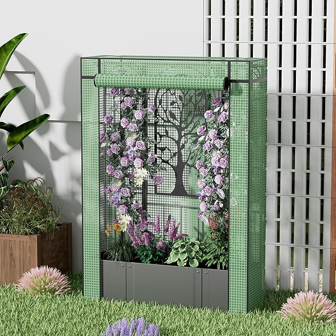 Metal Planter Box with Trellis and Cover, Raised Garden Bed with Trellis Privacy Screen, 62 inch Tall Planter Boxes for Climbing Plants, Flowers, Vegetables, Fruits, Balcony and Patio Decor (Black)