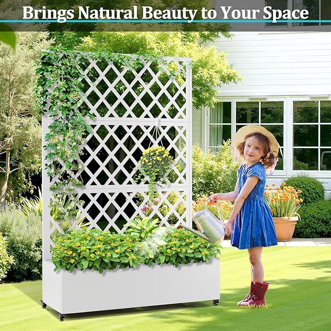Metal Planter Box with Trellis, Planter Box with Privacy Screen, Privacy Trellis Outdoor for Climbing Plants with Drainage Holes, Raised Garden Bed with Wheels
