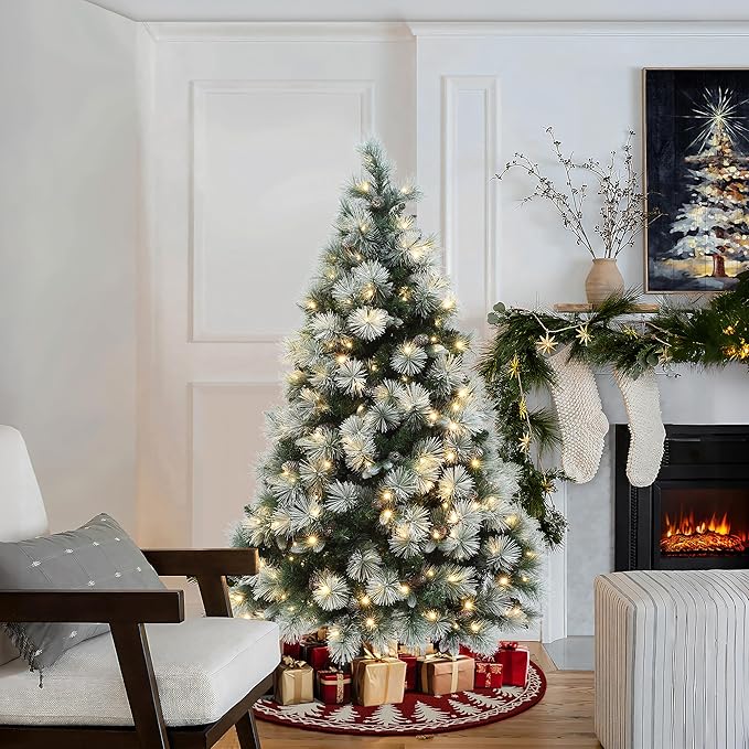 LuxenHome 6FT Christmas Tree with Lights, Full Flocked Artificial Christmas Tree with 350 LED Lights and Pinecone, and Snow Flocked Branches, Prelit Pine Tree for Indoor, Outdoor Holiday Décor