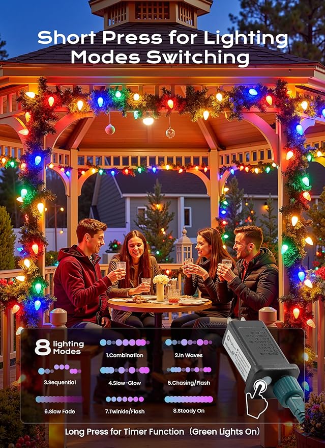 C9 Christmas Lights Outdoor, 66 FT 100 LED Connectable C9 String Lights with 8 Modes and Timer Extendable Xmas Tree Patio Roofline Garden Yard Holiday Party Indoor Outdoor Decoration, Multicolor