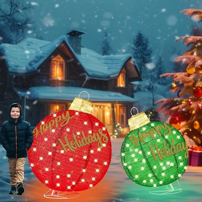 2Pcs 3FT Lighted Christmas Ornament Set - Expandable Outdoor, Indoor Holiday Decor with 200 LED Lights, Easy Assembly & Weatherproof, Red & Green Light-Up Ball for Yard, Garden, Storefront.