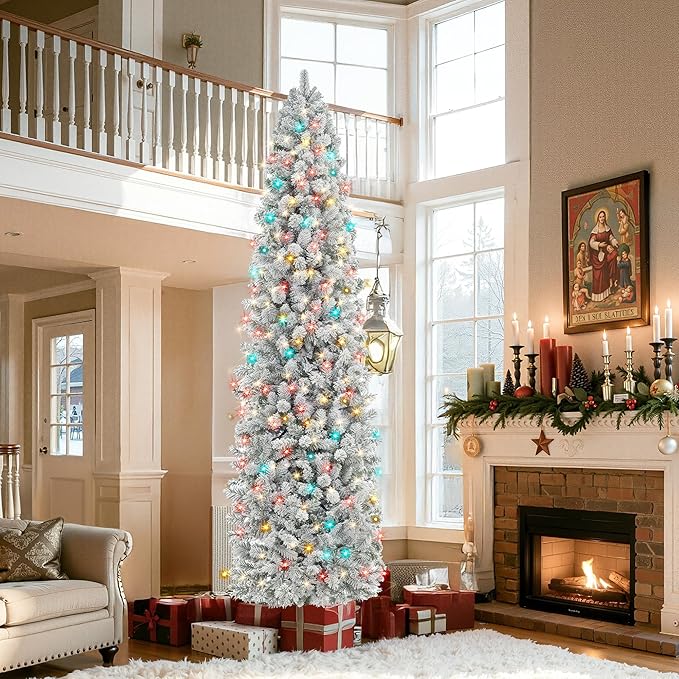 HOLLO STAR 9 ft Flocked Prelit Christmas Tree with 546 LED Lights, App Control, Skinny Artificial Pencil Christmas Tree, Multi-Color RGBW Lights, 1294 Branch Tips, for Small Space, Home, Party