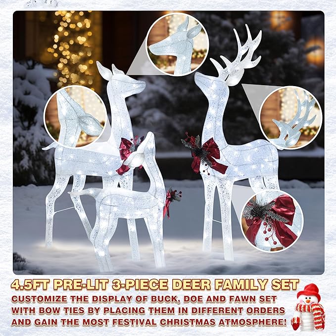 MUPATER Outdoor Christmas Decoration Lighted Deer Family Set Indoor, Christmas Holiday Yard Decor 3-Piece Set for Lawn and Home Party with Lights, Ground Stakes and Zip Ties, White