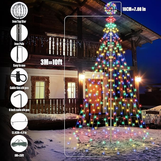 Lomotech Color Changing Christmas Tree Lights - 10Ft 444 LED with 7.8" Ball, Remote Controll Waterproof Iron Pole Waterfall Lights for Outdoor Christmas Decorations (White to Multicolor)