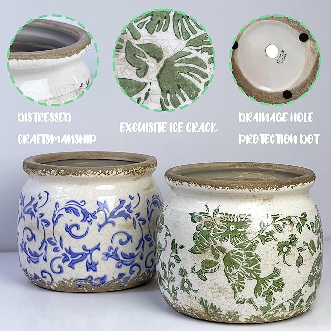 Vintage Ceramic Ice Crack Flower Pot with Drainage Holes, Country Rustic Planters for Indoor and Outdoor,Tuscan Decor,Home,Living Room, Garden Decor, Gardening Gift (Country)