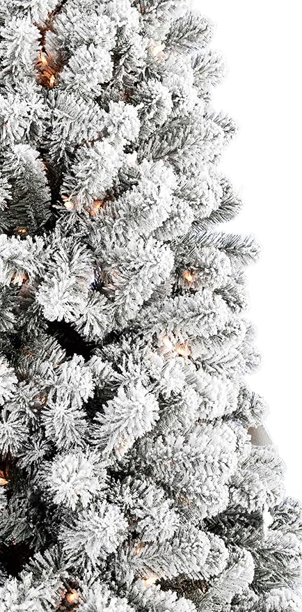 Fraser Hill Farm 6.5-Ft. Alaskan Pine Flocked Artificial Christmas Tree with Warm White LED Lights and Stand, Prelit Foldable Fake Tree with Realistic Snowy Foliage for Home Decoration