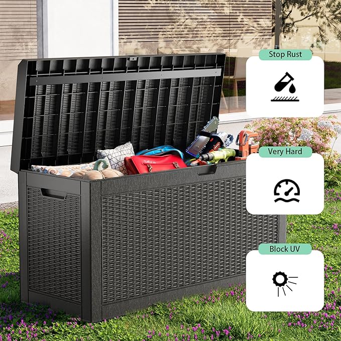 DRATO 60 Gallon Deck Box, Waterproof Resin Large Outdoor Storgae Box for Patio Furniture, Patio Cushions, Gardening Tools, Pool Supplies, Lockable