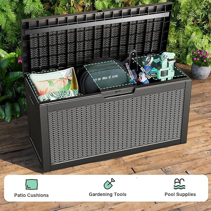 60 Gallon Waterproof Resin Deck Box, UV Resistant Outdoor Storage for Garden, Patio, Porch, Delivery, Black