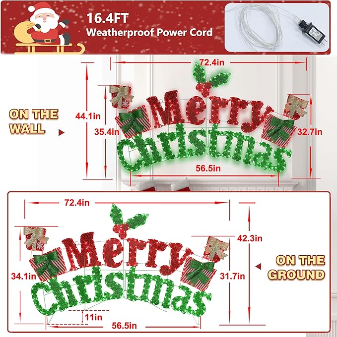 BlueWish 6FT Merry Christmas Sign, Pre-Lit Christmas Sign with 456 LED Lights, 2-in-1 Hanging or Freestanding Holiday Greeting Light for Indoor and Outdoor