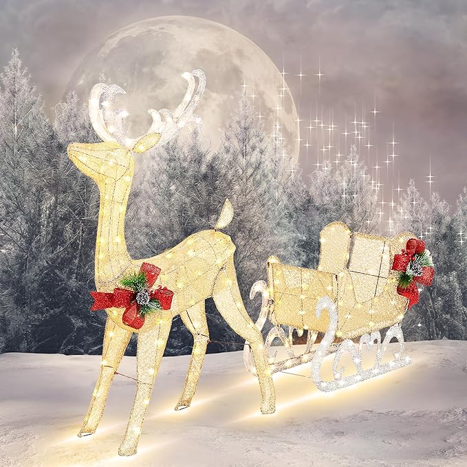 Vongrasig 4FT Lighted Christmas Reindeer & Sleigh Outdoor Yard Decoration Set W/ 205 LED Lights & 8 Ground Stakes, Zip Ties, Artificial Xmas Lighted Holiday Decor for Indoor and Outdoor(Gold)