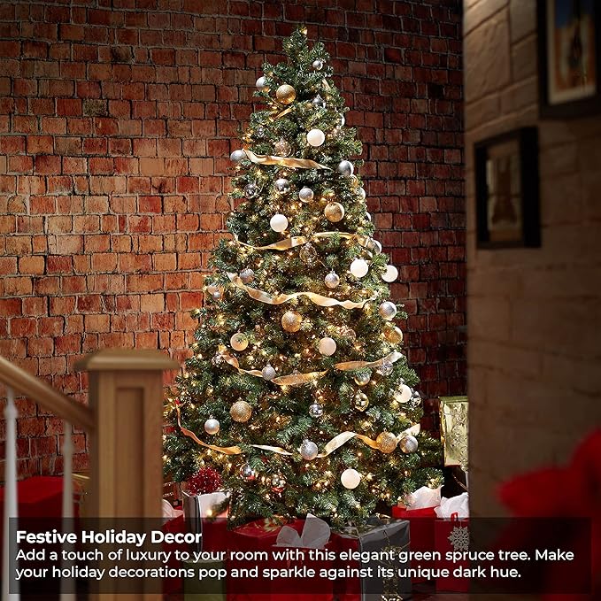 Casafield 6.5FT Realistic Pre-Lit Green Spruce Artificial Holiday Christmas Tree with Sturdy Metal Stand