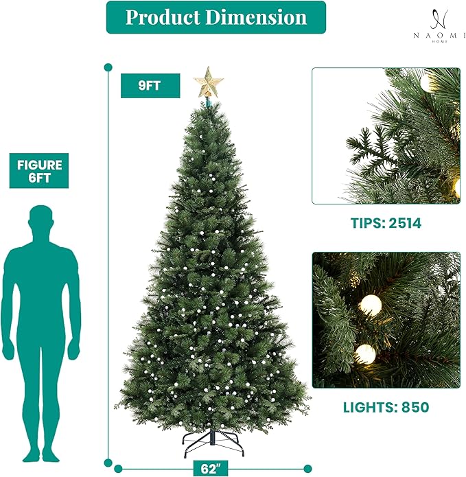 Evangeline 9ft Prelit Artificial Christmas Tree with 2514 Branch Tips, 850 Warm Lights and Metal Stand, 62" Wide Realistic Traditional Christmas Tree with Lights by Naomi Home