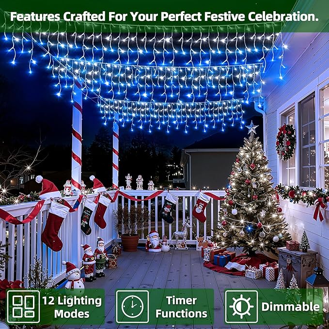 670 LED Christmas Lights with 148 Drops, 66ft 12 Modes Hanging ice String Lights with Timer & Dimmable & Waterproof, Plug-in Fairy Lights for Halloween Holiday Wedding Christmas Decor Blue & CoolWhite