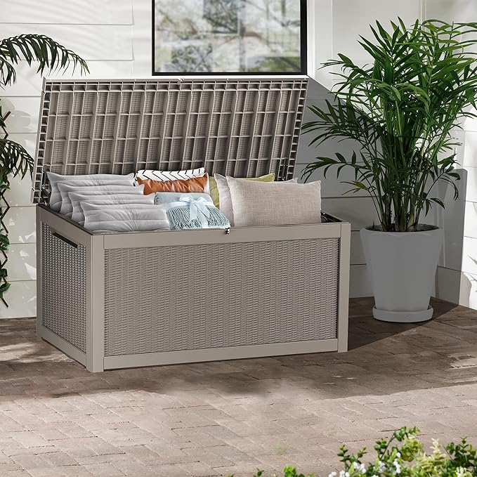 TARKARI 320 Gallon Lockable Resin Deck Box, Waterproof & UV-Resistant Outdoor Storage Box for Outdoor Cushion Storage, Garden Tools & Pool Accessories Storage, Gray