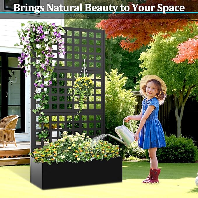 Metal Planter Box with Trellis, Planter Box with Privacy Screen, Privacy Trellis Outdoor for Climbing Plants with Drainage Holes, Raised Garden Bed for Vegetables