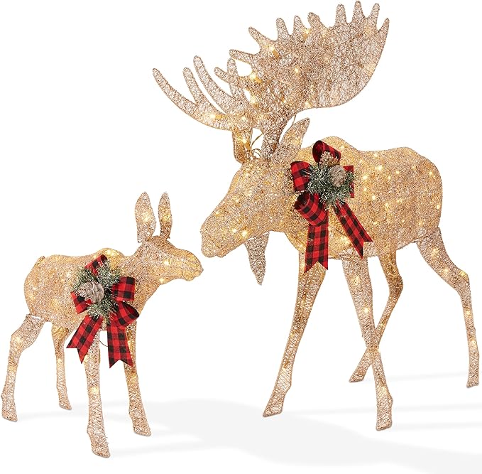 Best Choice Products 5ft 2-Piece Moose Family, Lighted Outdoor Christmas Yard Decoration, Light-Up Décor Set w/ 370 LED Lights, Zip Ties - Gold