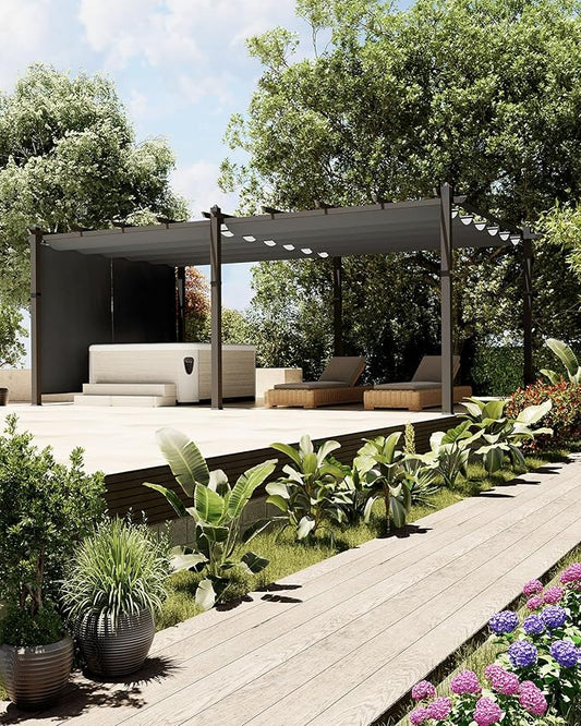 Garvee 12x20 Ft Aluminum Pergola Oversize Outdoor Metal Gazebo with Retractable Canopy Outdoor Shelter for Modern Backyard Deck Porch Grape Trellis(Gray)