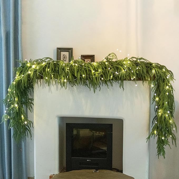 MISSPIN 6ft Christmas Garland with Lights, Real Touch Norfolk Pine Garland, Green Artificial Greenery Garland for Table, Mantle, Wall, Indoor, Outdoor Christmas Decorations