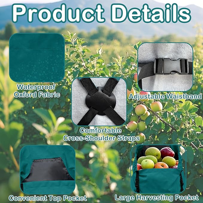 Gardening Aprons, Unisex Garden Aprons, Garden Picking Bag with Quick Release Pockets (Gray/Teal)