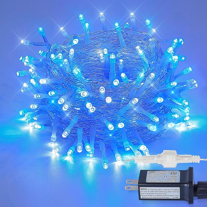 33FT 100 LEDs String Lights Waterproof Fairy Lights 8 Modes with Memory 30V UL Certified Power Supply for Home, Garden, Wedding, Party, Christmas Decoration Indoor Outdoor (Cool White+Blue)