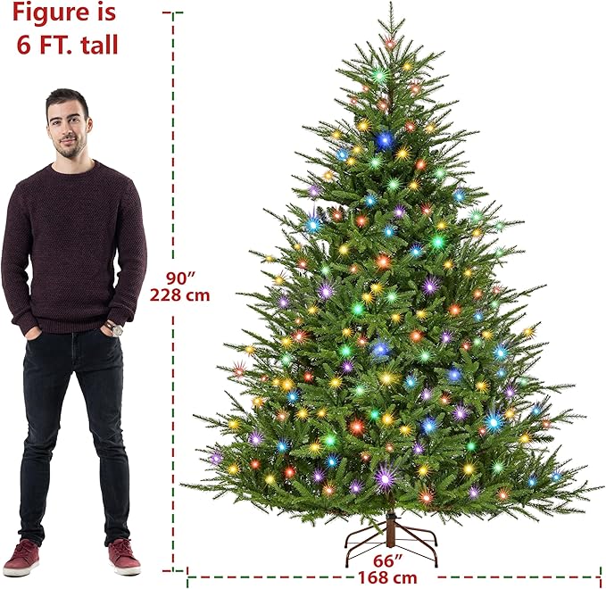 Yaheetech 7.5ft Full Christmas Tree with 1000 Multicolored LED Lights & 1821 Unique Forked Tips,Hinged Tree for Garden,Office,Pre-lit Artificial Christmas Tree with Foldable Metal Stand,Green