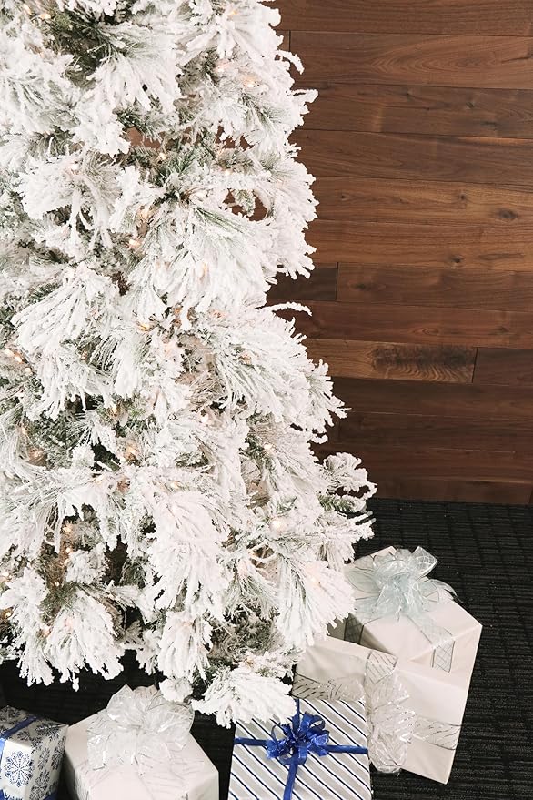 Fraser Hill Farm 12-Ft. Snowy Pine Flocked Artificial Christmas Tree with White Incandescent Smart Lights and Stand, Prelit Foldable Fake Tree with Realistic Foliage for Home Decoration