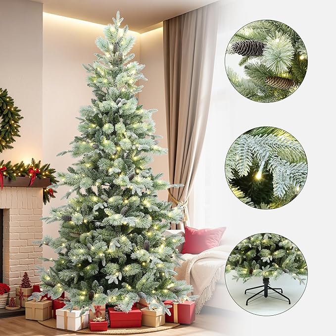 LuxenHome 7.5FT Prelit Christmas Tree with Lights, 10 Lighting Mode Flocked Artificial Christmas Tree with Pine Cone, 2350 LED Lights, 1368 PE+PVC Branch Tips, Prelit Pine Tree Holiday Décor