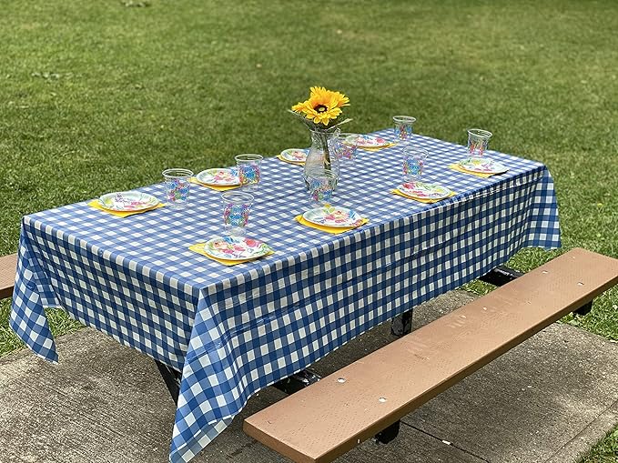 Neatiffy Disposable Plastic Table Cloth Roll | 54 in x 108 Ft Waterproof Tablecloth | Table Cover for Rectangle, Square, Round Oval Tables | Picnic, Party, Banquet, Birthdays, Weddings - Blue Gingham