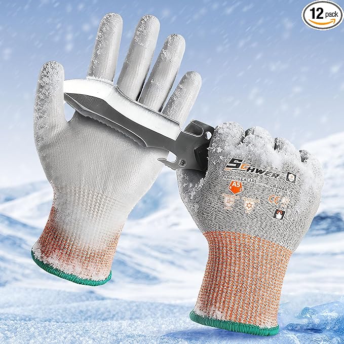 Schwer 12 Pairs Winter Work Gloves, ANSI A5 Cut Resistant Gloves with PU Coating, Freezer Glove for Outdoor Cold Weather, Thermal Insulated, Non Slip, Durable, L, CR3088-W