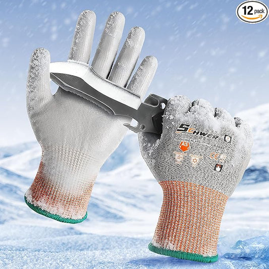 Schwer 12 Pairs Winter Work Gloves, ANSI A5 Cut Resistant Gloves with PU Coating, Freezer Glove for Outdoor Cold Weather, Thermal Insulated, Non Slip, Durable, M, CR3088-W