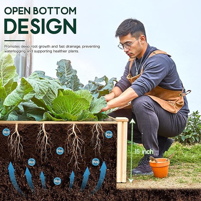 SPECRAFT 8x4 Ft Wood Raised Garden Bed, Durable 15 Inch Depth Planter Box for Vegetables, Herbs, and Flowers, Ideal for Outdoor Gardening with Open Base