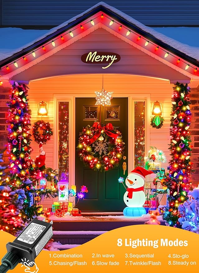 C9 Christmas Lights Outdoor Waterproof, 81 Feet 100 LED String With Timer & 8 Light Mode, Connectable Christmas Tree for Indoor Outside Roofline Patio Decorations, Red & Warm White