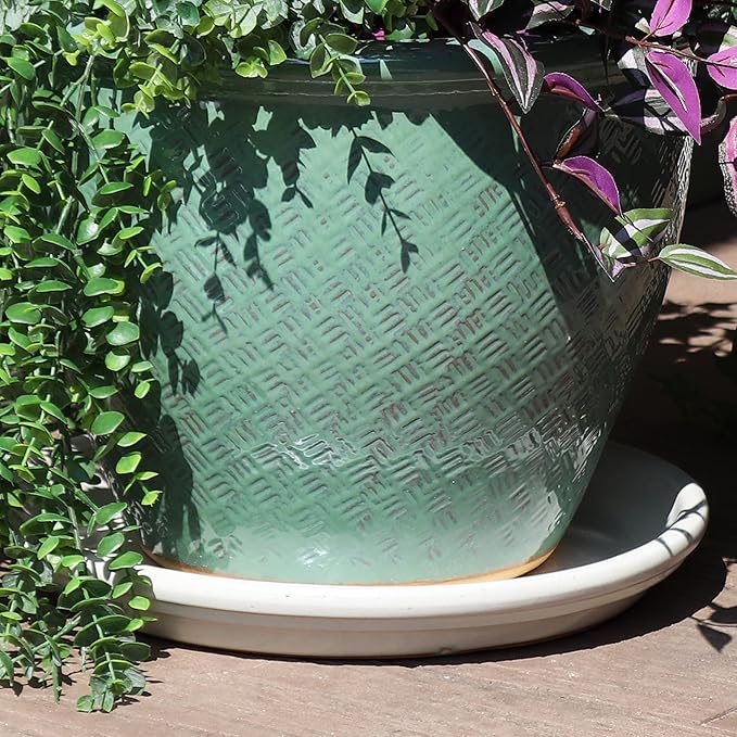 Sunnydaze 12-Inch Ceramic Plant Saucers - Plant Drip Trays for Outdoor Planter Flower Pot Drainage - Set of 2 - Pearl