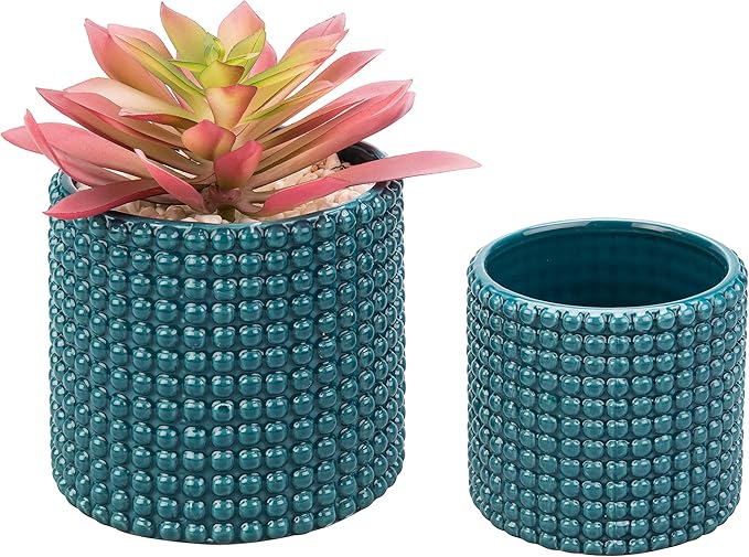 MyGift 6 Inch Ceramic Round Planter Pot, Set of 2 Vintage-Style Turquoise Ceramic Flower Pots, Indoor Hobnail Textured Cylindrical Succulent Plant Containers