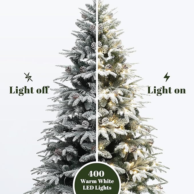LuxenHome 7FT Christmas Tree with Lights, Full Flocked Prelit Artificial Christmas Tree with Pine Cone, 400 LED Lights,1856 PE+PVC Branch Tips, Prelit Pine Tree for Indoor, Outdoor Holiday Décor
