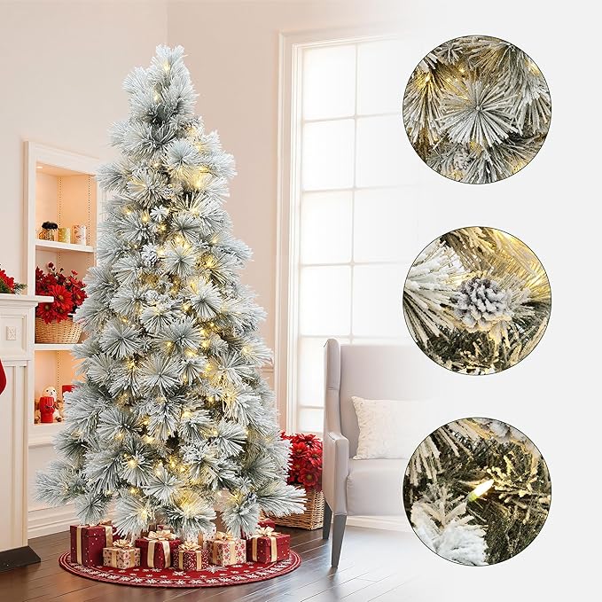 LuxenHome 6.5FT Christmas Tree with Lights, Flocked Pine Tree with 350 LED Lights, Full Downswept Christmas Trees with Lights and Metal Stand for Living Room, Entryway Holiday Decor