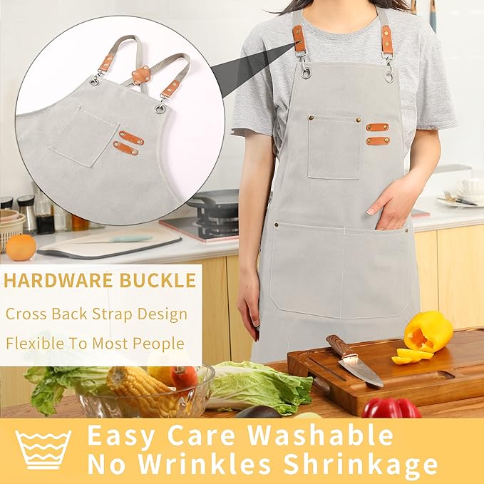 Tosewever Canvas Cross Back Chef Cotton Aprons for Men Women with Large Pockets