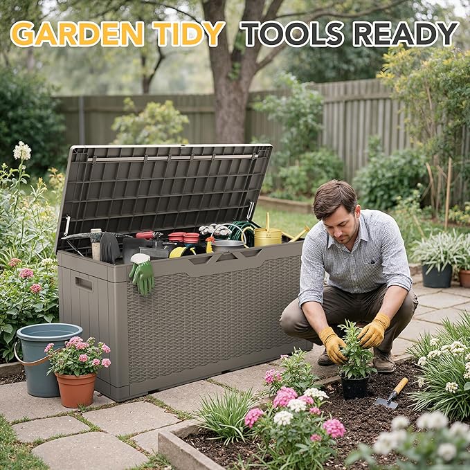 Greesum 100 Gallon Resin Deck Box Lockable Large Outdoor Storage Boxes for Garden Tools, Patio Furniture Cushions, Pool Supplies, Light Coffee