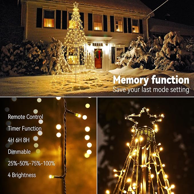 Lomotech Christmas Tree Lights - 10Ft 404 LED with 7.08" Topper, Remote Controll Waterproof Iron Pole Waterfall Lights for Outdoor Christmas Decorations (Warm White)