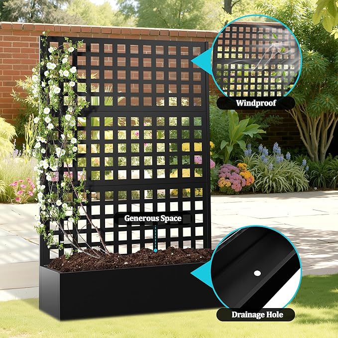 Metal Planter Box with Trellis, Planter Box with Privacy Screen, Privacy Trellis Outdoor for Climbing Plants with Drainage Holes, Raised Garden Bed for Vegetables