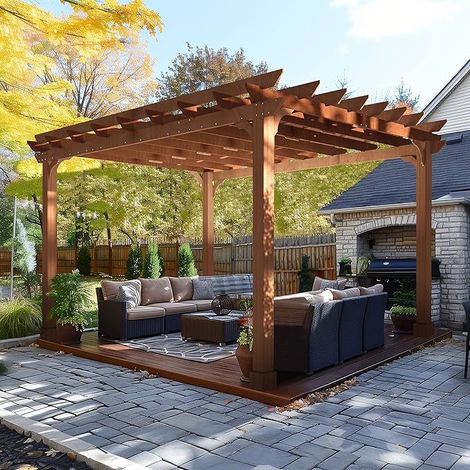 BlueWish 12’ x 14’ Cedar Wood Patio Pergola with Slatted Trellis Roof, Outdoor Pergola Backyard Gazebo with Solid Structure for Deck Yard Grill Party Garden