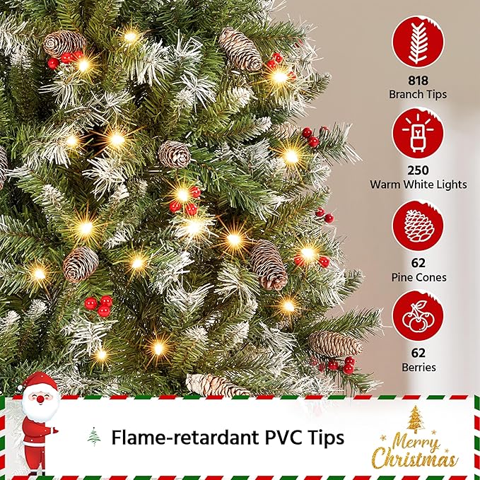 Yaheetech 6ft Pre-lit Frosted Artificial Hinged Christmas Tree with 818 Flocked PVC Tips,62 Pine Cones,62 Holly Berries & 250 Warm White Lights,Foldable Stand,Green