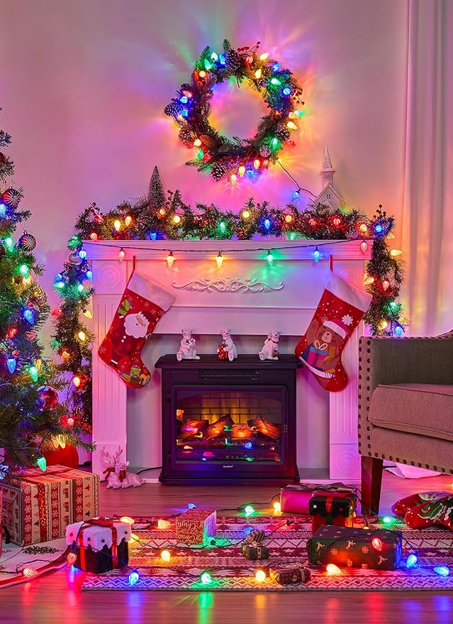 Brightown C9 Christmas Lights Outdoor, 114FT 150 LED Multicolor String Lights with Timer, 8 Modes, Plug-in UL Listed Waterproof Connectable Christmas Tree Lights for House, Roof, Garden, Patio Decor