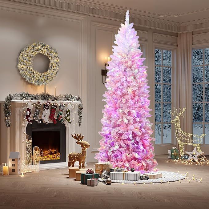GarveeHome 9ft Prelit Artificial Christmas Tree with RGB & Warm White Lights, Pre-Lit Snow Flocked Pencil Christmas Tree, Foldable Base,Holiday Decoration for Home, Office, Party,Pink Gradient