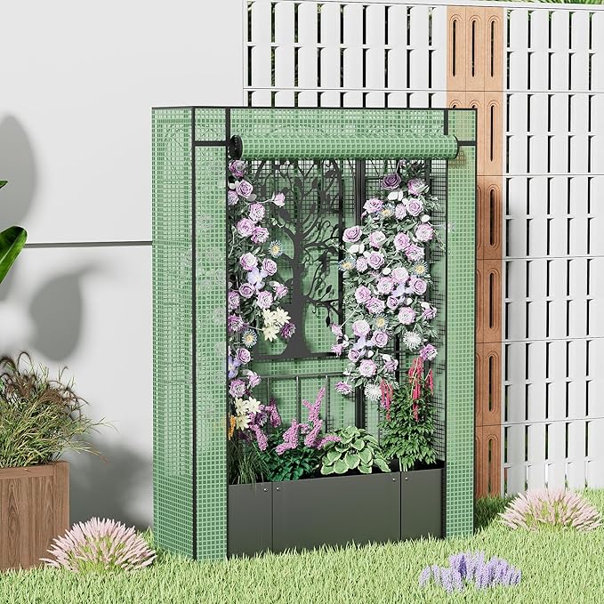 Metal Planter Box with Trellis and Cover, Raised Garden Bed with Trellis Privacy Screen, 62 inch Tall Planter Boxes for Climbing Plants, Flowers, Vegetables, Fruits, Balcony and Patio Decor (Black)