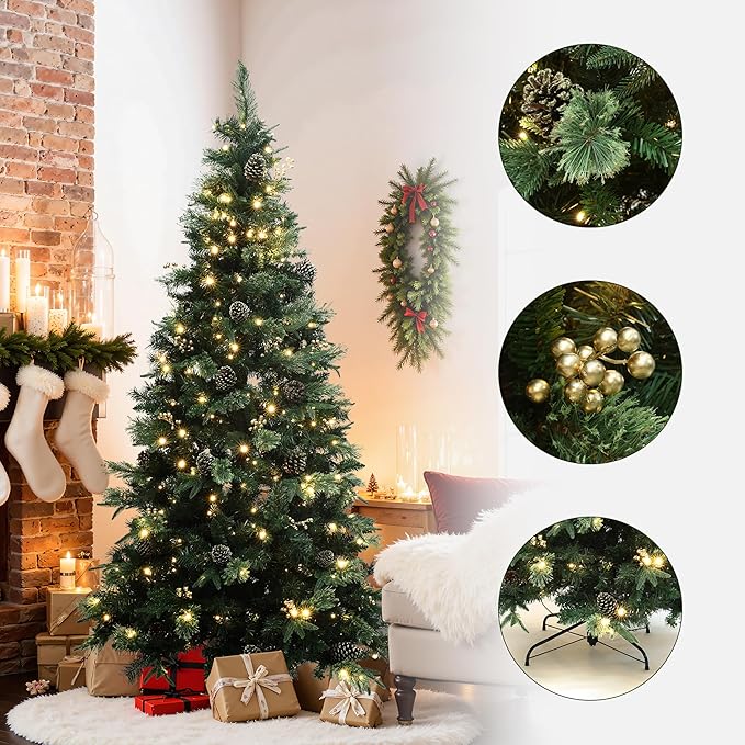 LuxenHome 6.5FT Prelit Christmas Tree with Lights, Slim Artificial Christmas Tree with 300 LED Lights and Pine Cone, 978 PE+PVC Branch Tips, Plug-in Prelit Pine Tree Indoor, Outdoor Holiday Décor
