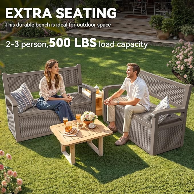 YITAHOME 70 Gallon Deck Bench with Storage, Outdoor Storage Box Bench with Armrests for Patio Garden Pool Porch, Waterproof&Lockable, Light Brown