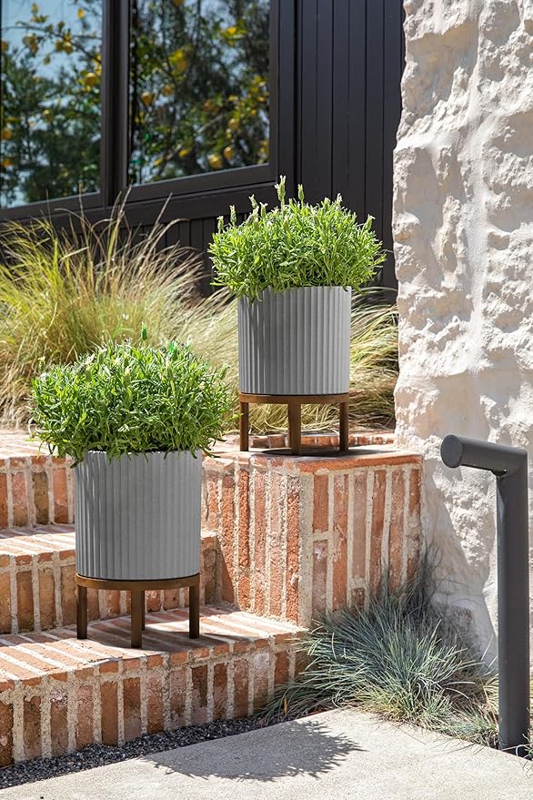 Veradek Demi Series Round Planter w/Stand for Porch/Patio | Durable Plastic-Stone Composite & Wooden Stand | Modern Décor for Tall Plants, Flowers